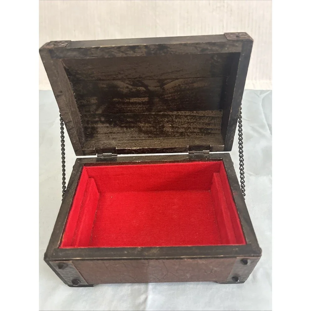 Vintage Wood Leather Metal Pirate Treasure Chest Jewelry Box
